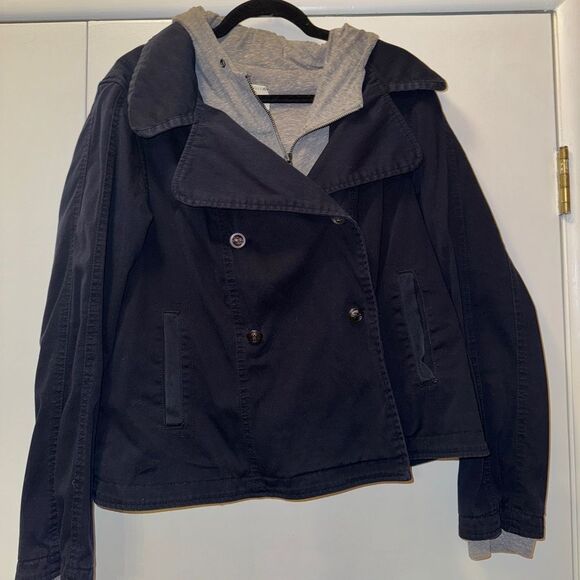 ANTHROPOLOGIE HEI HEI Hooded Utility Jacket Layered Navy Gray Women’s Size Large - Picture 3 of 8